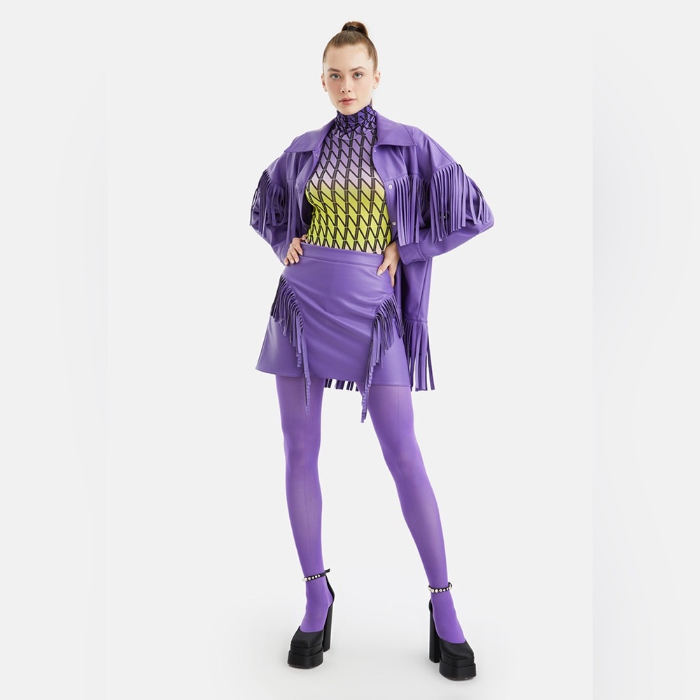 Nocturne Faux Suede Purple Fringe Skirt